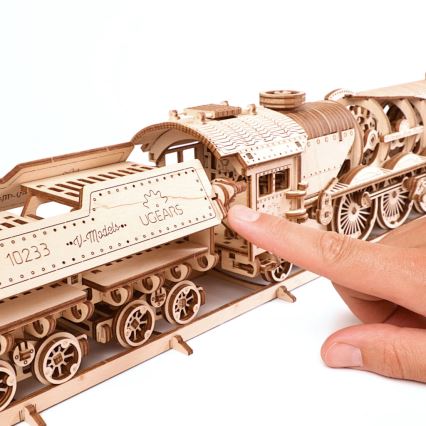 Ugears - 3D puzzle mecânico de madeira V-Express locomotiva a vapor com vagão