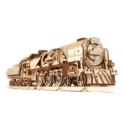 Ugears - 3D puzzle mecânico de madeira V-Express locomotiva a vapor com vagão