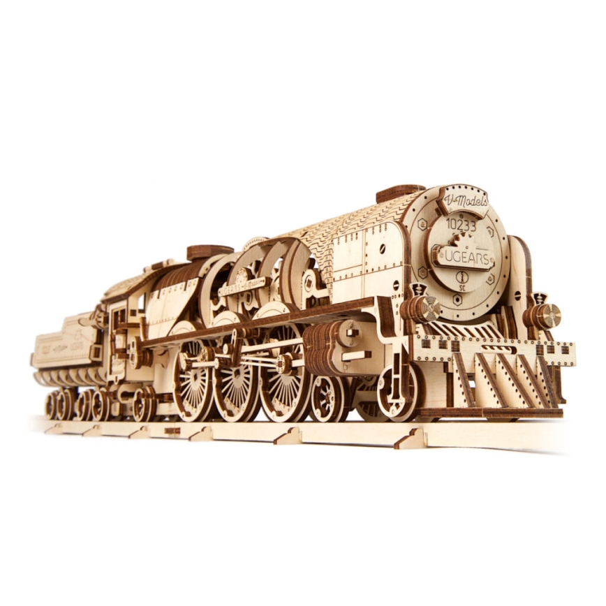 Ugears - 3D puzzle mecânico de madeira V-Express locomotiva a vapor com vagão