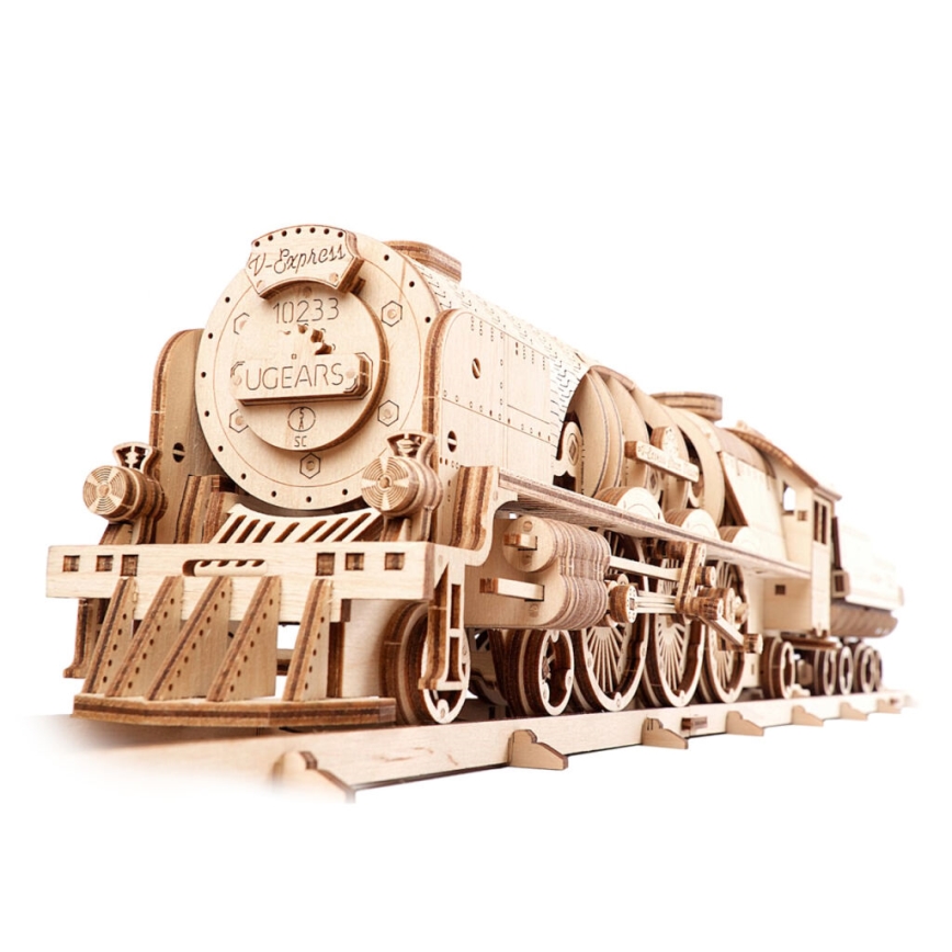 Ugears - 3D puzzle mecânico de madeira V-Express locomotiva a vapor com vagão