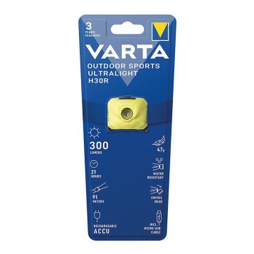 Varta 18631201401 - Lanterna de cabeça recarregável com regulação de intensidade LED OUTDOOR SPORTS LED/5V IPX4 amarelo