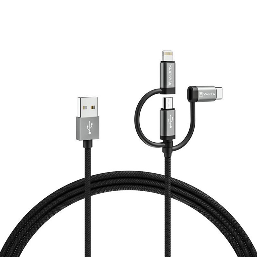 Varta 57937101111 - Cabo USB 3 em 1 com conector Lightning e Micro USB 2m