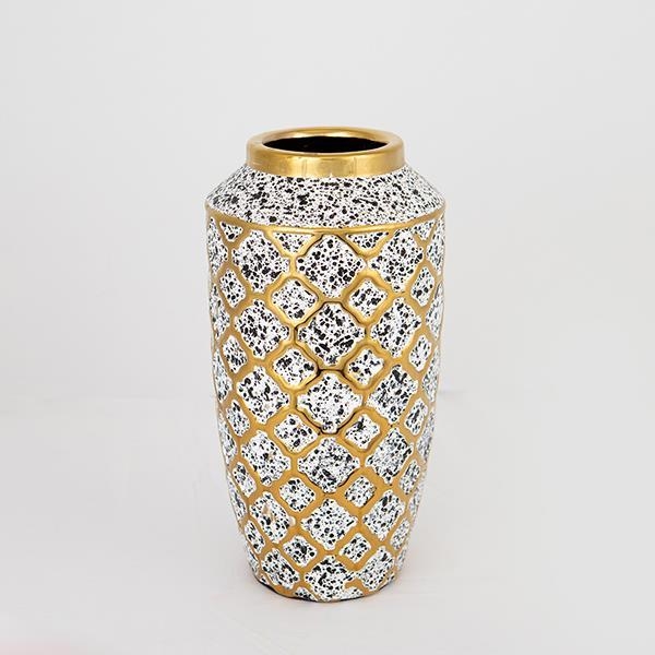 Vaso cerâmico 25x13 cm branco/dourado/preto