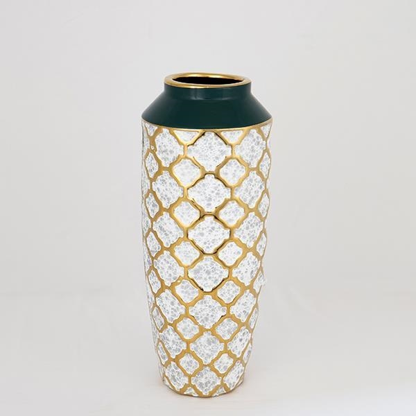 Vaso cerâmico 31x12,5 cm branco/dourado/verde