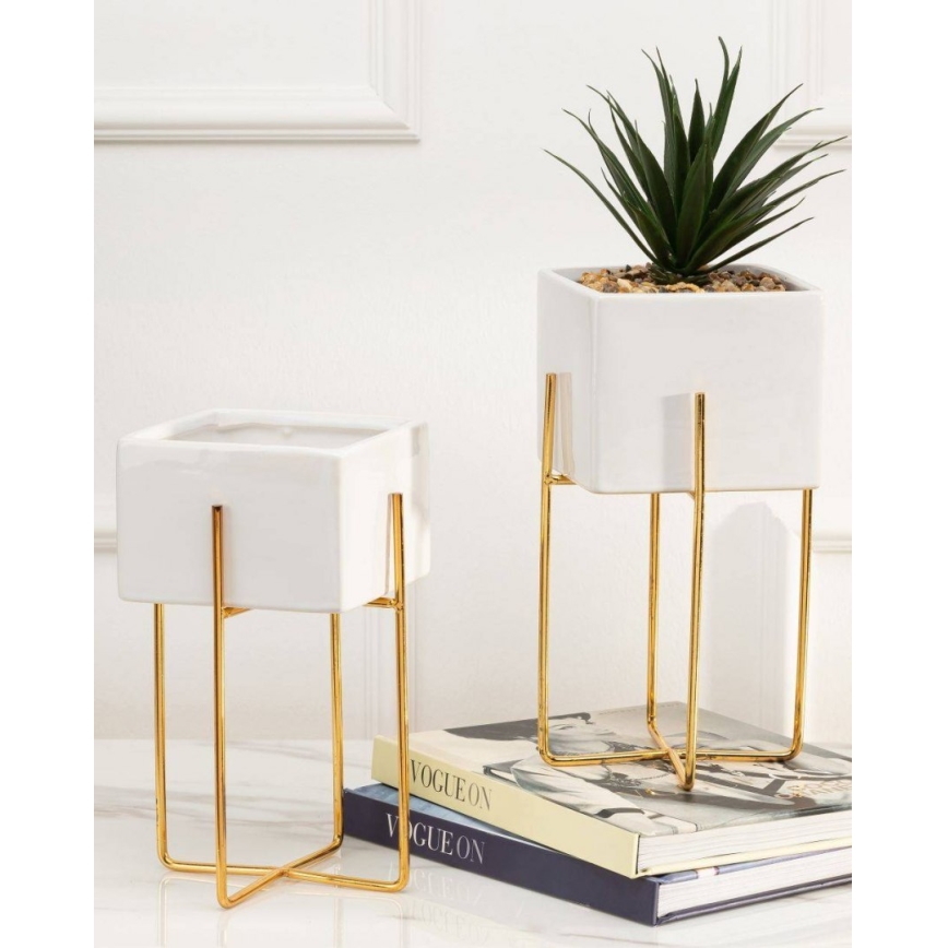 Vaso para flores de cerâmica MIZU 20,4x12,1 cm branco/dourado