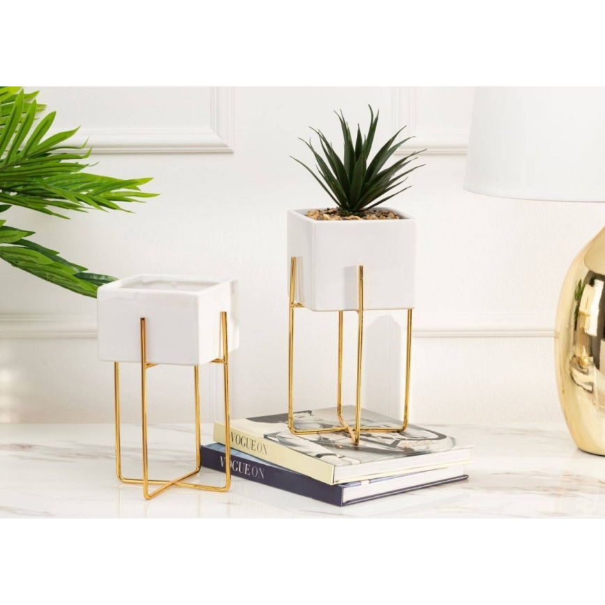 Vaso para flores de cerâmica MIZU 20,4x12,1 cm branco/dourado