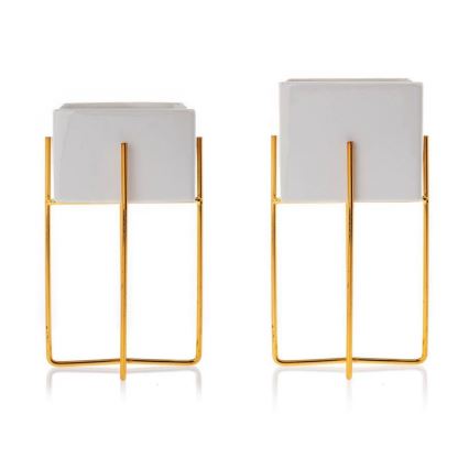 Vaso para flores de cerâmica MIZU 20,4x12,1 cm branco/dourado