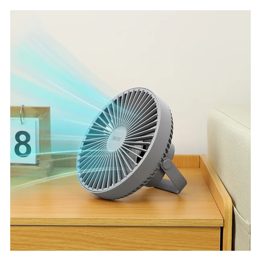 Ventoinha de mesa LED com iluminação LED/2W/5V USB 2400 mAh cinzento