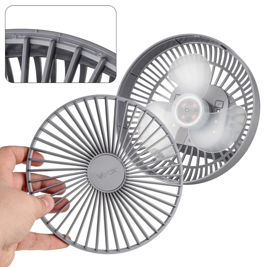 Ventoinha de mesa LED com iluminação LED/2W/5V USB 2400 mAh cinzento