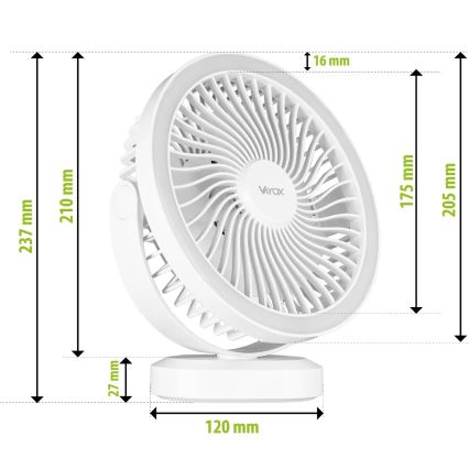 Ventoinha de mesa LED com iluminação LED/3W/5V USB 2400 mAh branco