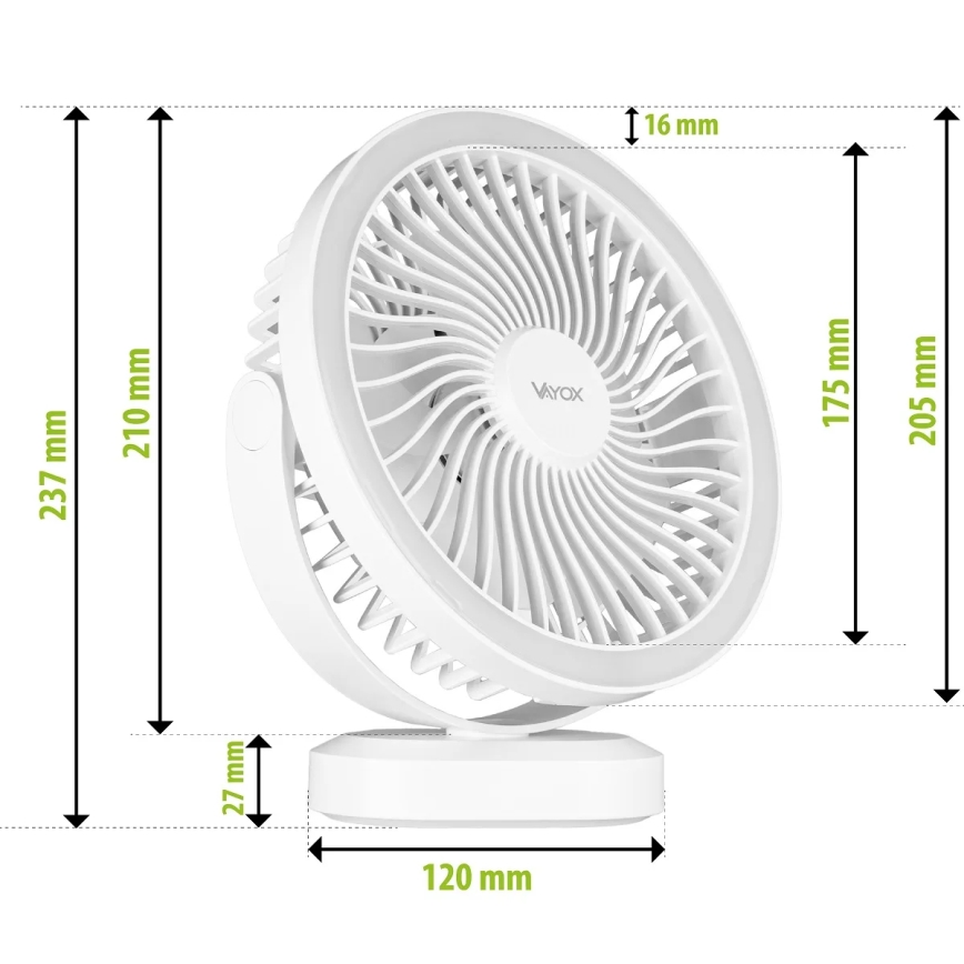 Ventoinha de mesa LED com iluminação LED/3W/5V USB 2400 mAh branco
