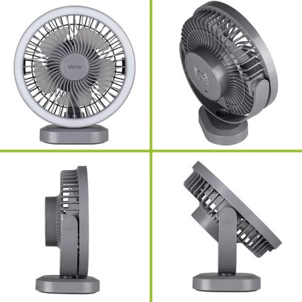 Ventoinha de mesa LED com iluminação LED/3W/5V USB 2400 mAh cinzento