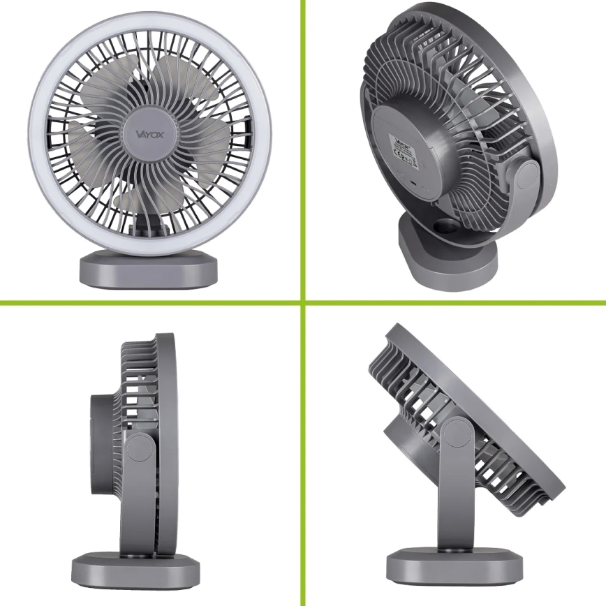 Ventoinha de mesa LED com iluminação LED/3W/5V USB 2400 mAh cinzento