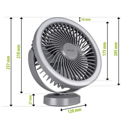Ventoinha de mesa LED com iluminação LED/3W/5V USB 2400 mAh cinzento