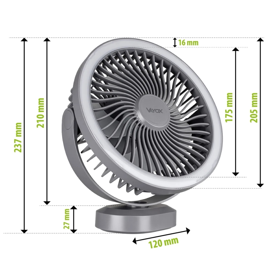 Ventoinha de mesa LED com iluminação LED/3W/5V USB 2400 mAh cinzento