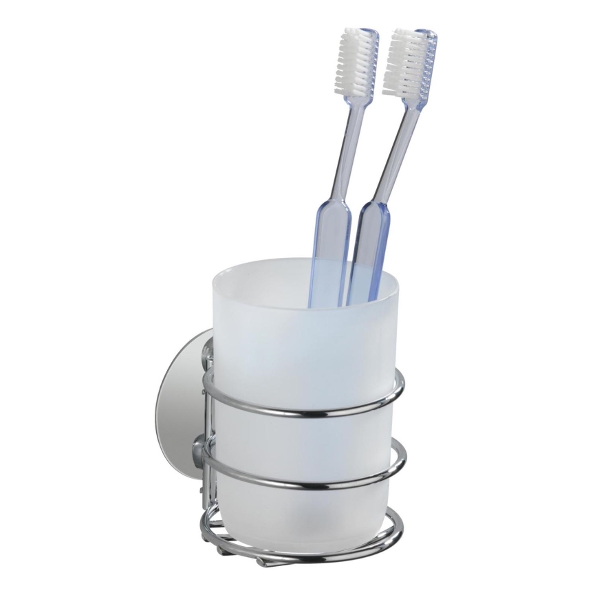 WENKO 18779100-Copo para escovas de dentes TURBO-LOC RUND STAHL 7,5x9 cm cromo brilhante/branco