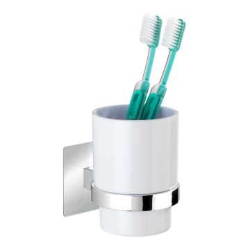 WENKO 23847800 - Copo para escovas de dentes TURBO-LOC QUADRO ED. 7x9,5 cm cromado brilhante/branco