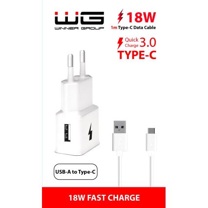 Winner Group- Adaptador de carregamento rápido 1xUSB-A PD 18W + cabo USB USB-C / USB-A 1m