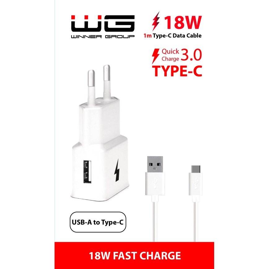 Winner Group- Adaptador de carregamento rápido 1xUSB-A PD 18W + cabo USB USB-C / USB-A 1m