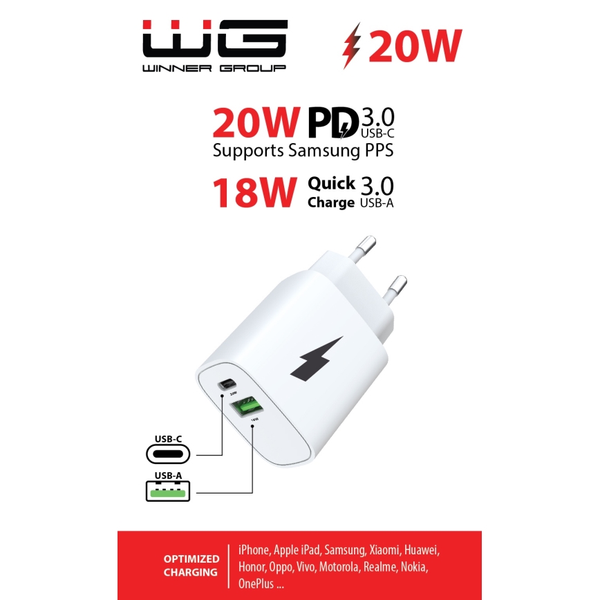 Winner Group - Adaptador de carregamento rápido 1xUSB-C + 1xUSB-A Power Delivery 20W branco