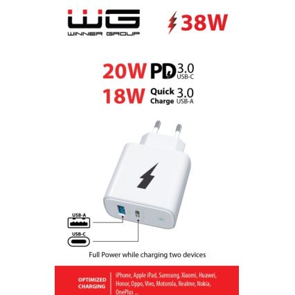 Winner Group - Adaptador de carregamento rápido 1xUSB-C + 1xUSB-A Power Delivery 38W branco