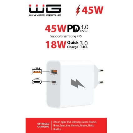 Winner Group - Adaptador de carregamento rápido 1xUSB-C + 1xUSB-A Power Delivery 45W branco