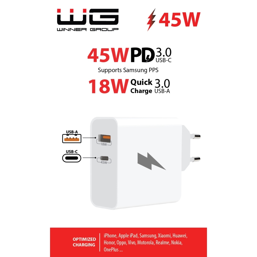 Winner Group - Adaptador de carregamento rápido 1xUSB-C + 1xUSB-A Power Delivery 45W branco