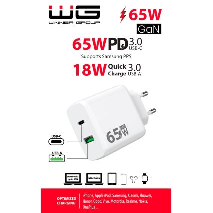 Winner Group - Adaptador de carregamento rápido 1xUSB-C + 1xUSB-A Power Delivery 65W branco