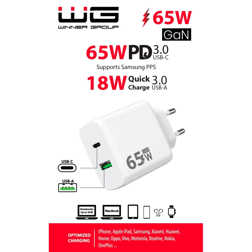 Winner Group - Adaptador de carregamento rápido 1xUSB-C + 1xUSB-A Power Delivery 65W branco