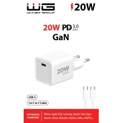 Winner Group- Adaptador de carregamento rápido 1xUSB-C PD 20W + cabo USB USB-C / USB-C 1m