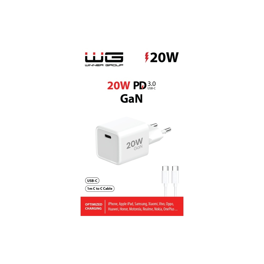 Winner Group- Adaptador de carregamento rápido 1xUSB-C PD 20W + cabo USB USB-C / USB-C 1m