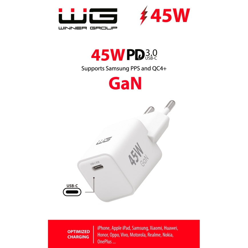 Winner Group - Adaptador de carregamento rápido 1xUSB-C Power Delivery 45W branco