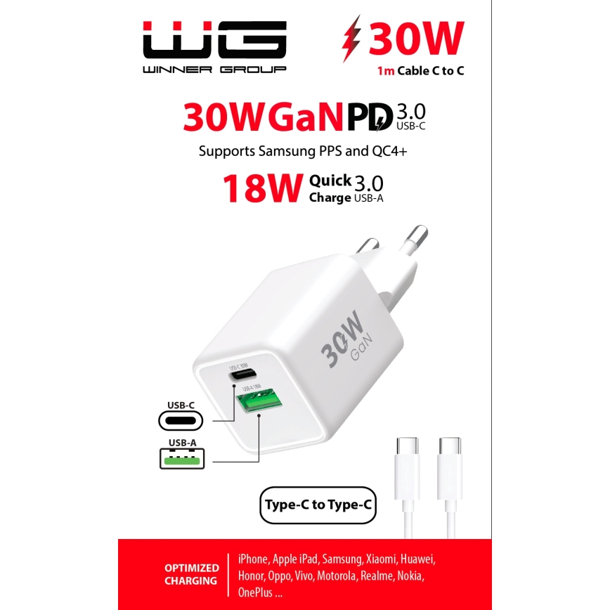Winner Group - Adaptador de carregamento rápido 2xUSB PD 30W + cabo USB USB-C / USB-C 1m