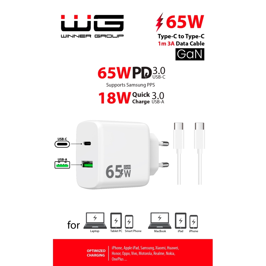 Winner Group - Adaptador de carregamento rápido 2xUSB PD 65W + cabo USB USB-C / USB-C 1m