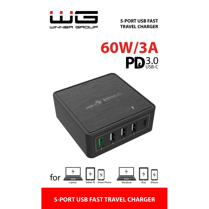 Winner Group - Adaptador de carregamento rápido 5xUSB-C Power Delivery 60W preto