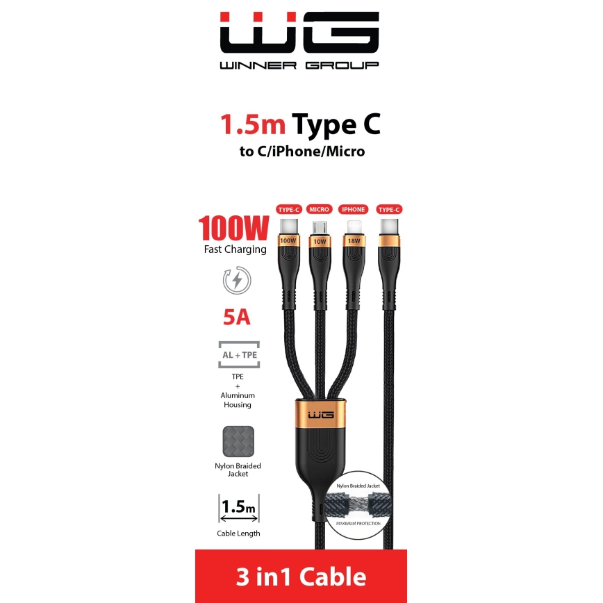 Winner Group - Cabo USB 3em1 USB-C / Lightning, USB-C e Micro USB 100W 1,5m preto