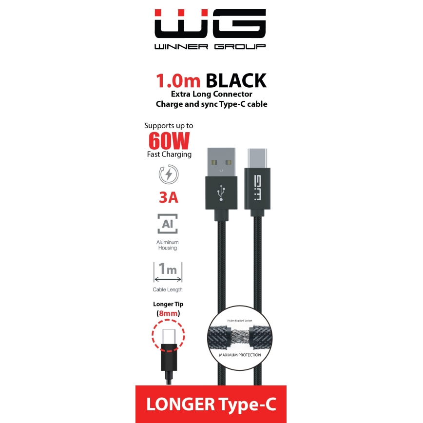 Winner Group - cabo USB com conector alargado USB-C / USB-A 1m preto