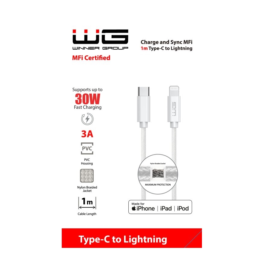 Winner Group - Cabo USB MFI Lightning / USB-C 1m branco