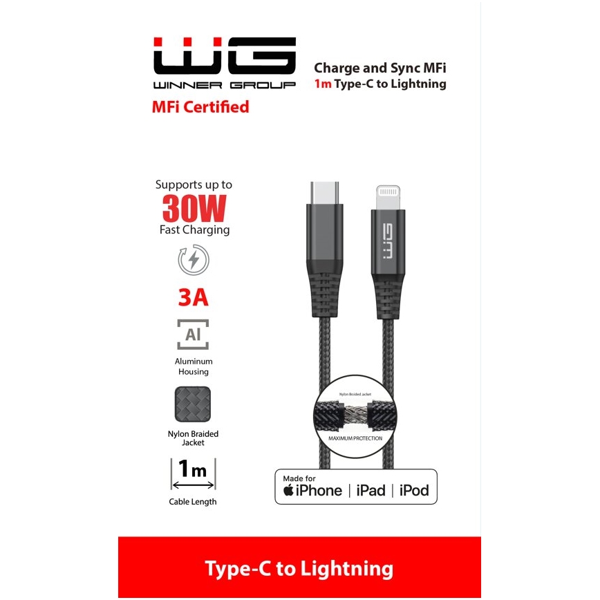 Winner Group - Cabo USB MFI Lightning / USB-C 1m preto