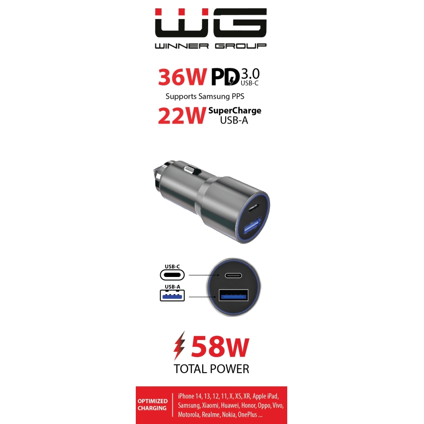 Winner Group - Carregador de carro 1xUSB-C + 1xUSB-A Power Delivery 58,5W prateado