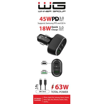 Winner Group - Carregador de carro 1xUSB-C + 1xUSB-A Power Delivery 63W + cabo USB USB-C / USB-C 1 m preto