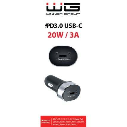 Winner Group - Carregador de carro 1xUSB-C Power Delivery 20W preto