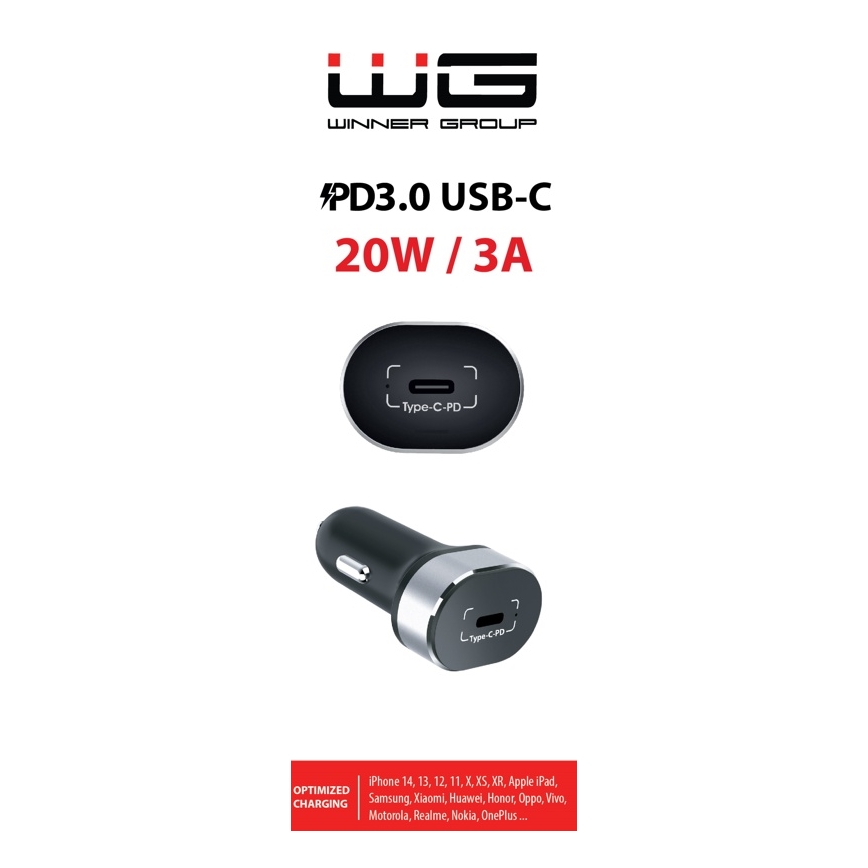 Winner Group - Carregador de carro 1xUSB-C Power Delivery 20W preto