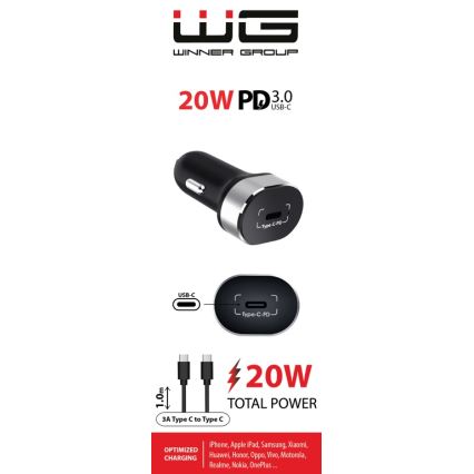 Winner Group - Carregador de carro 1xUSB-C Power Delivery 20W + cabo USB USB-C / USB-C 1 m preto