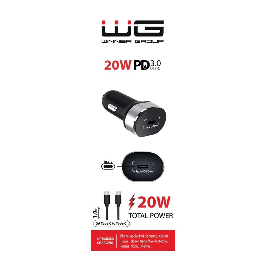 Winner Group - Carregador de carro 1xUSB-C Power Delivery 20W + cabo USB USB-C / USB-C 1 m preto