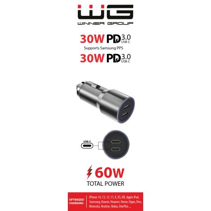 Winner Group - Carregador de carro 2xUSB-C Power Delivery 60W prateado
