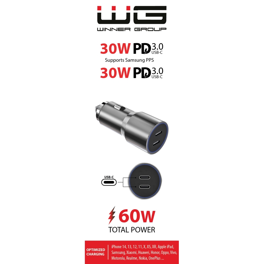 Winner Group - Carregador de carro 2xUSB-C Power Delivery 60W prateado