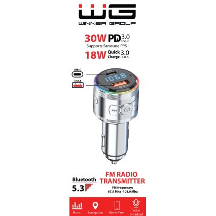 Winner Group - Carregador de carro com transmissor FM e função mãos-livres 20W prateado