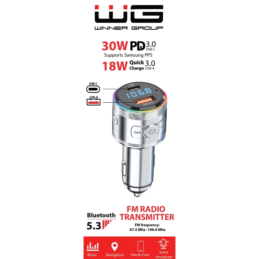 Winner Group - Carregador para automóvel com transmissor FM e função mãos-livres 20W prateado