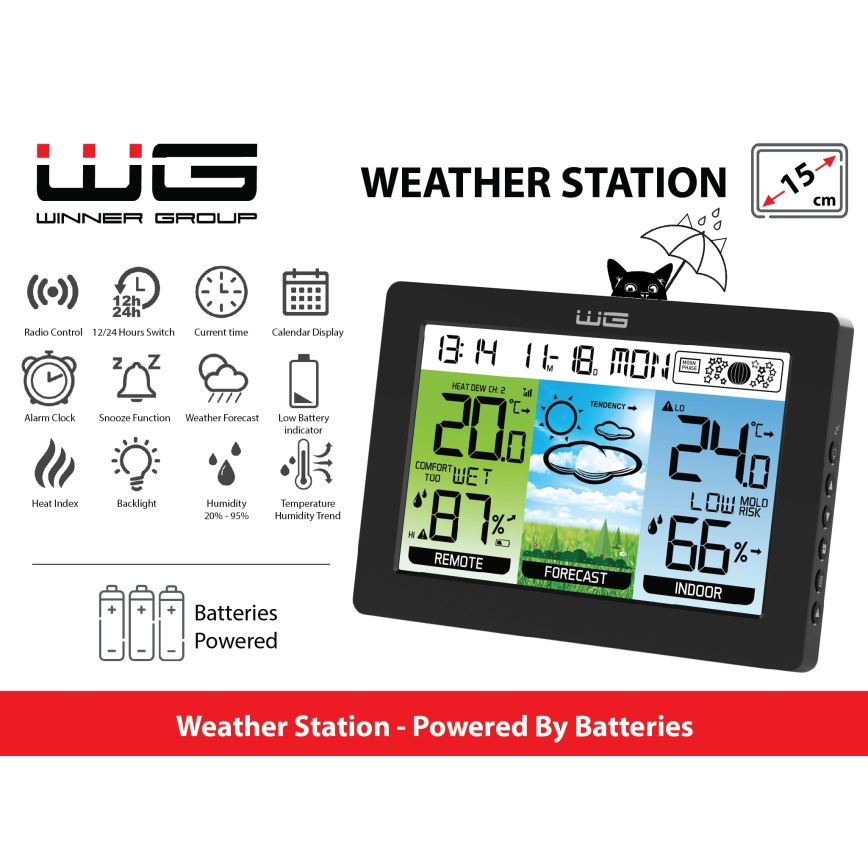 Winner Group - Estação meteorológica com visor LCD e despertador 5xAAA